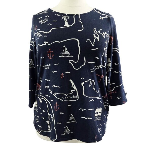 Charter Club Navy Blue Boat Nantucket Sound Artsy Cotton Modal Top Nautical - Picture 1 of 9